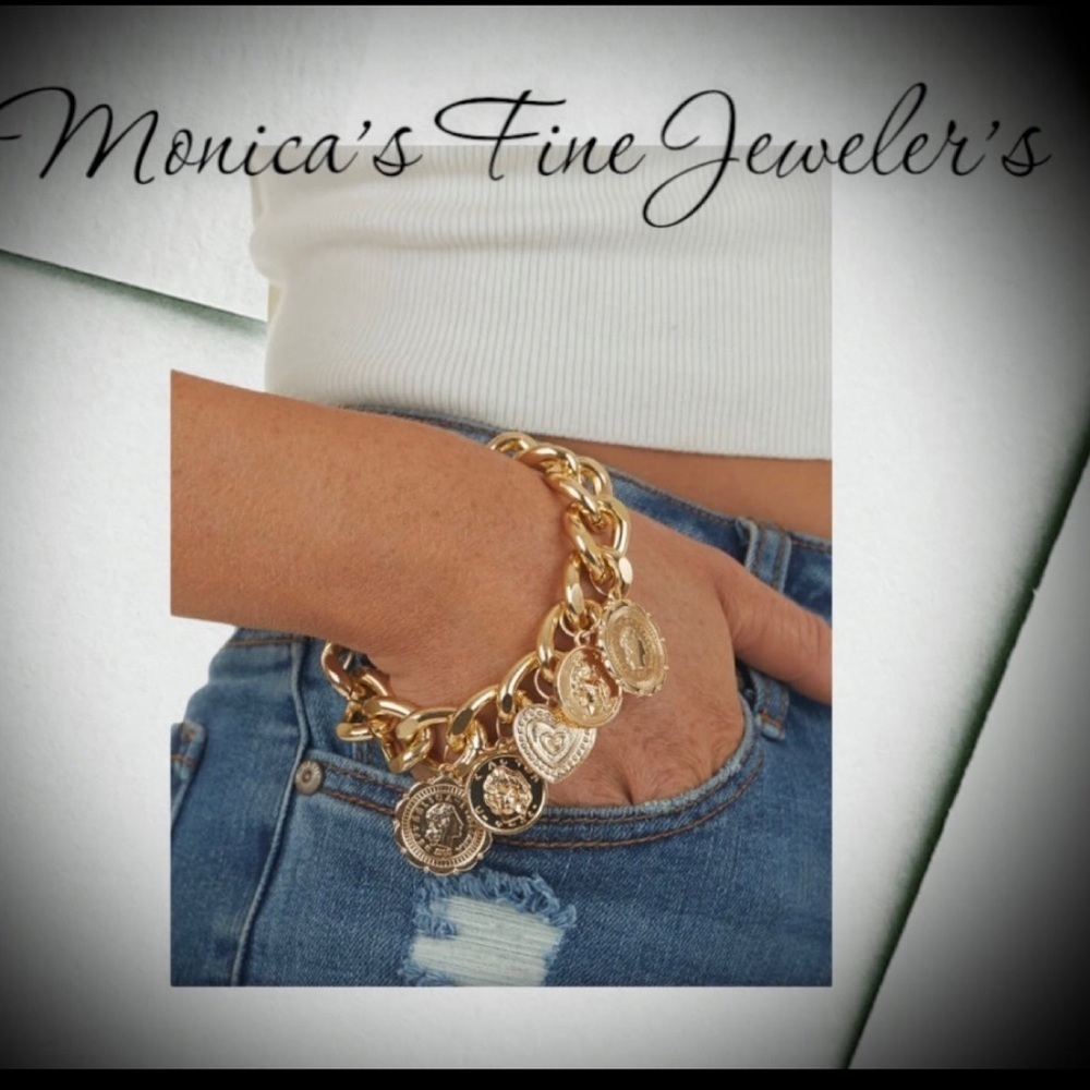 Chunky charm 18k gold pendant pennant chain bracelet portrait carv coin titanium - Picture 12 of 12